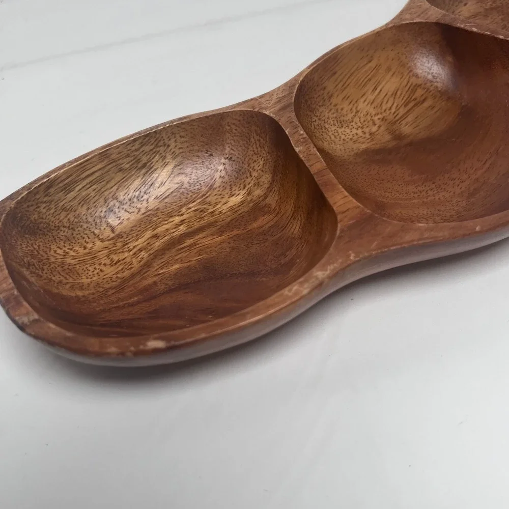 VTG Pea Pod Hand‎ Crafted 3 Section Divided Serving Tray Wood MCM Monkey Pod